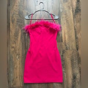 Vibrant Pink Cocktail Dress with Feather Trim